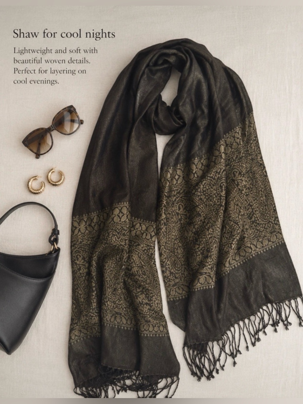 Elegant Black Shawl with Gold Paisley Detailing